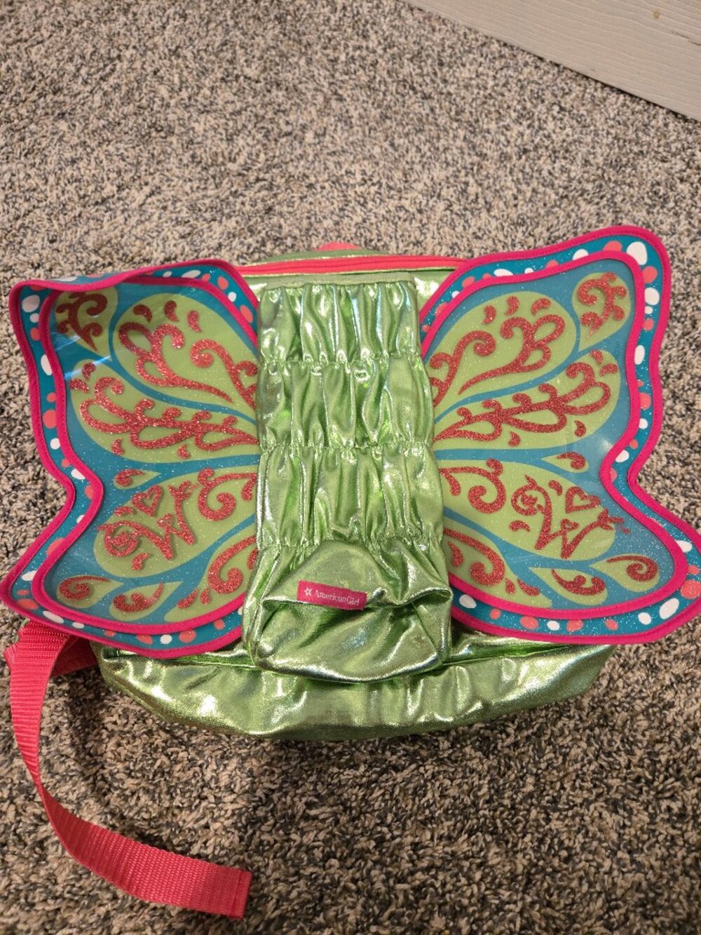 American Girl Wellie Wishers Butterfly Doll Carrier Backpack Green Pink